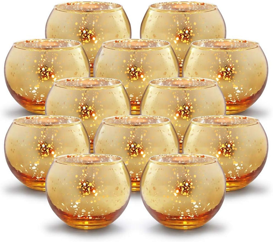 Round Gold Votive Candle Holders – Mercury Glass Set of 12 for Diwali & Home Decor
