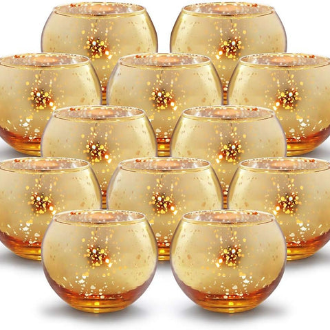 Round Gold Votive Candle Holders – Mercury Glass Set of 12 for Diwali & Home Decor