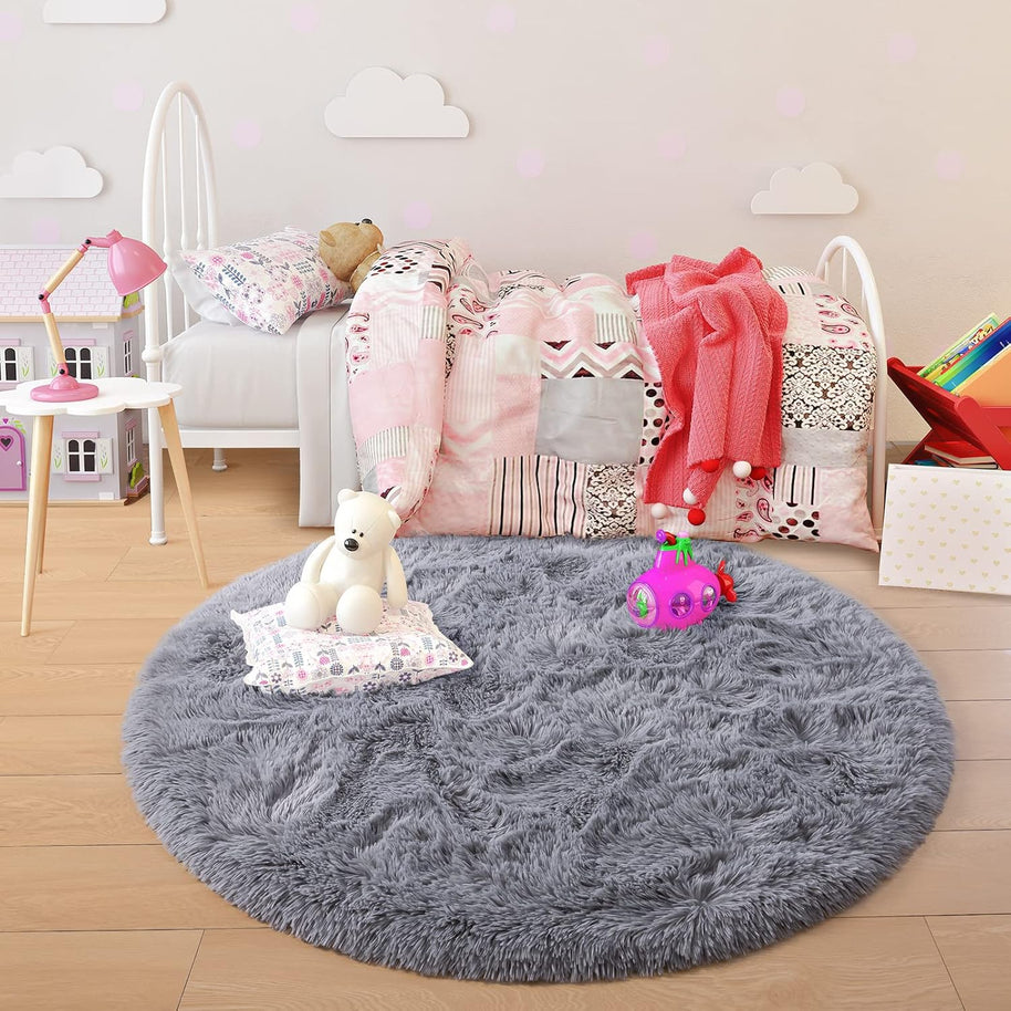 Round Fluffy Rug 5x5ft – Soft Plush Shaggy Carpet for Girls Bedroom & Nursery, Grey