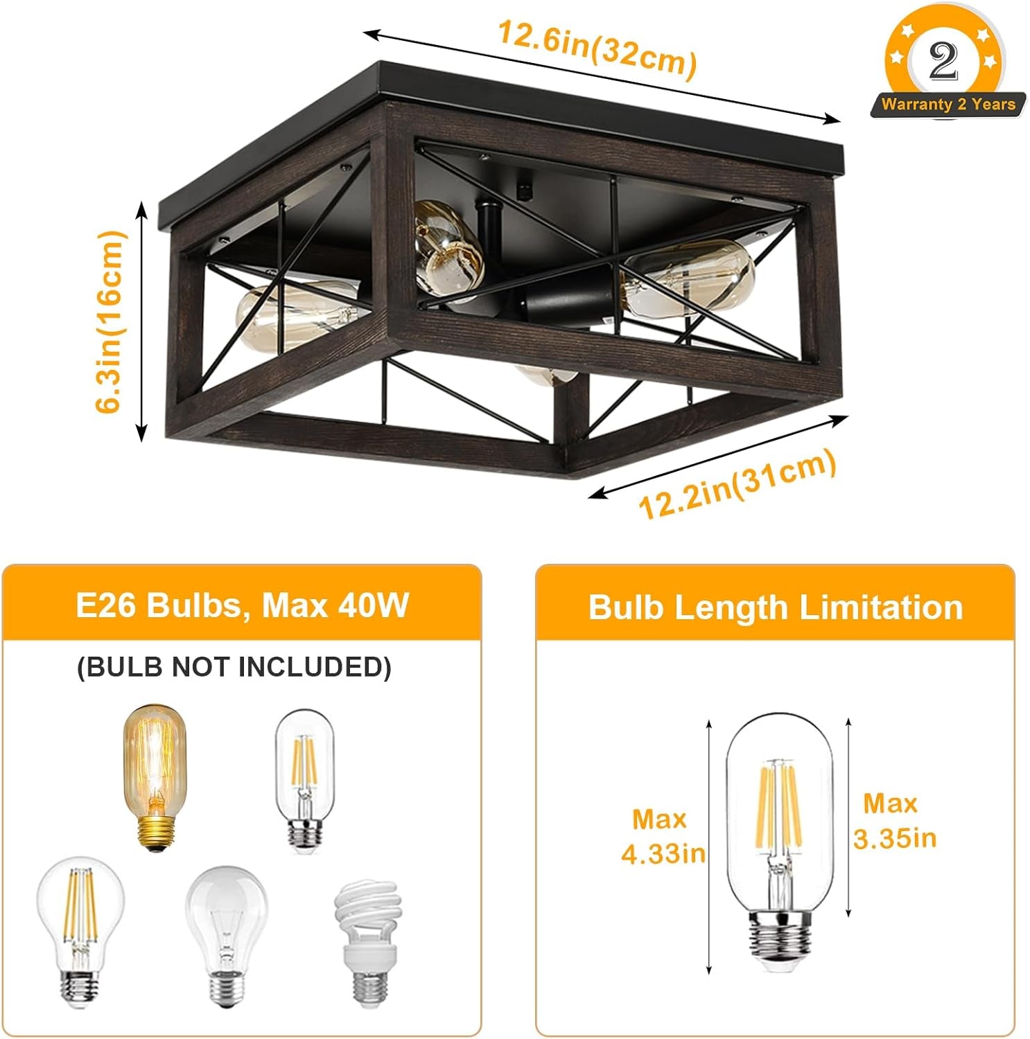 Rustic Wooden Flush Mount Ceiling Light – 4-Light Farmhouse Fixture for Home