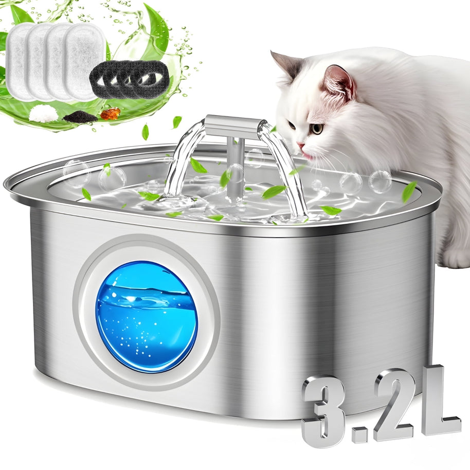 Stainless Steel Cat Water Fountain – 3.2L Pet Drinking Dispenser with Filters