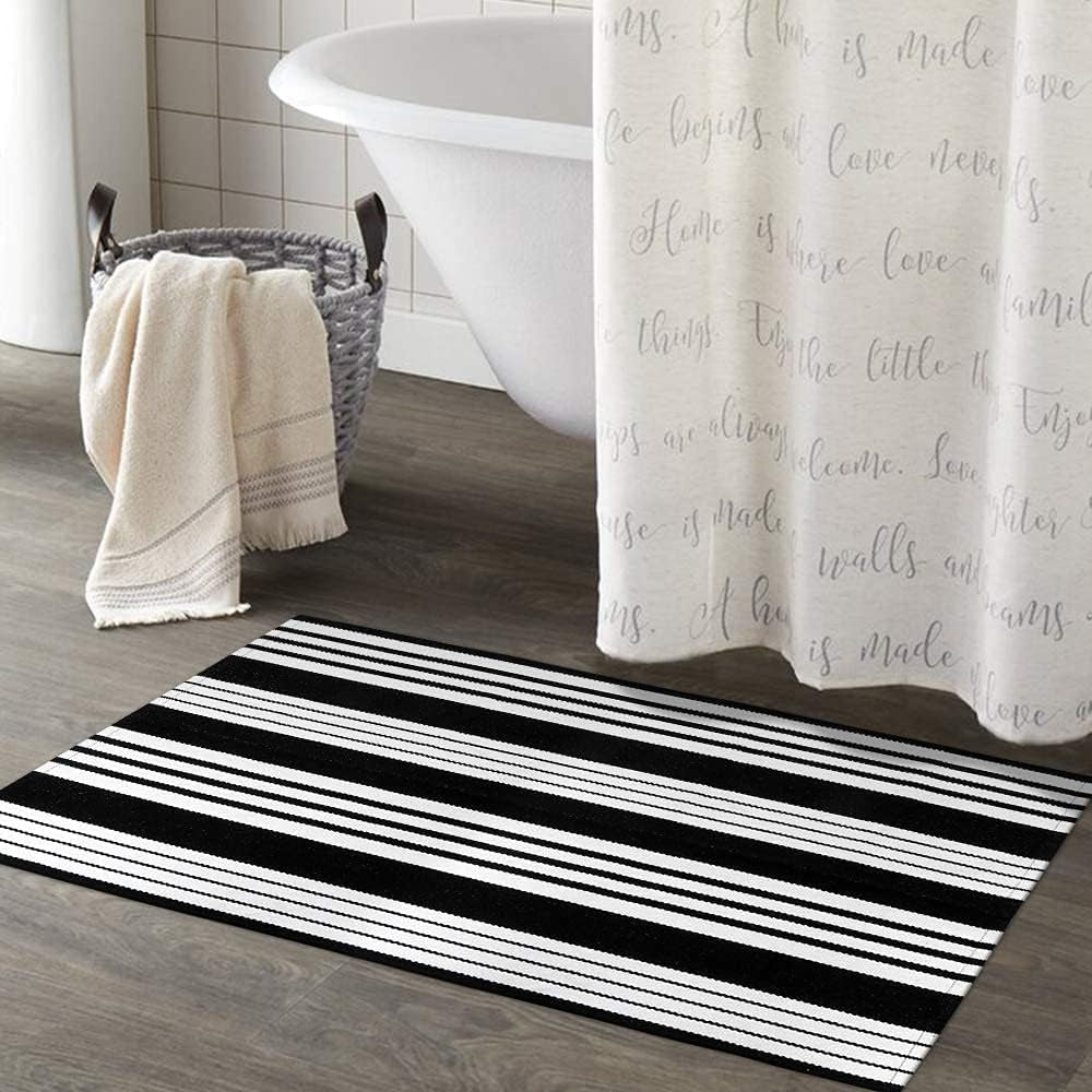 Fall Front Door Mat – Black & White Washable Handwoven Cotton Rug for Porch & Entryway