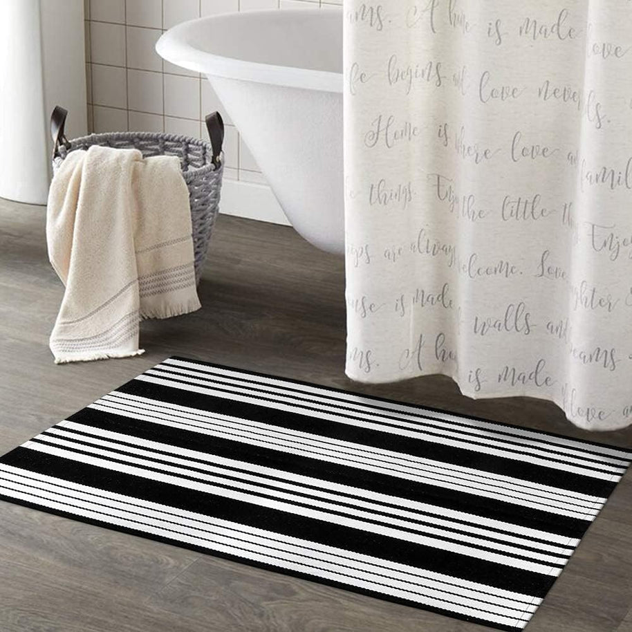 Fall Front Door Mat – Black & White Washable Handwoven Cotton Rug for Porch & Entryway