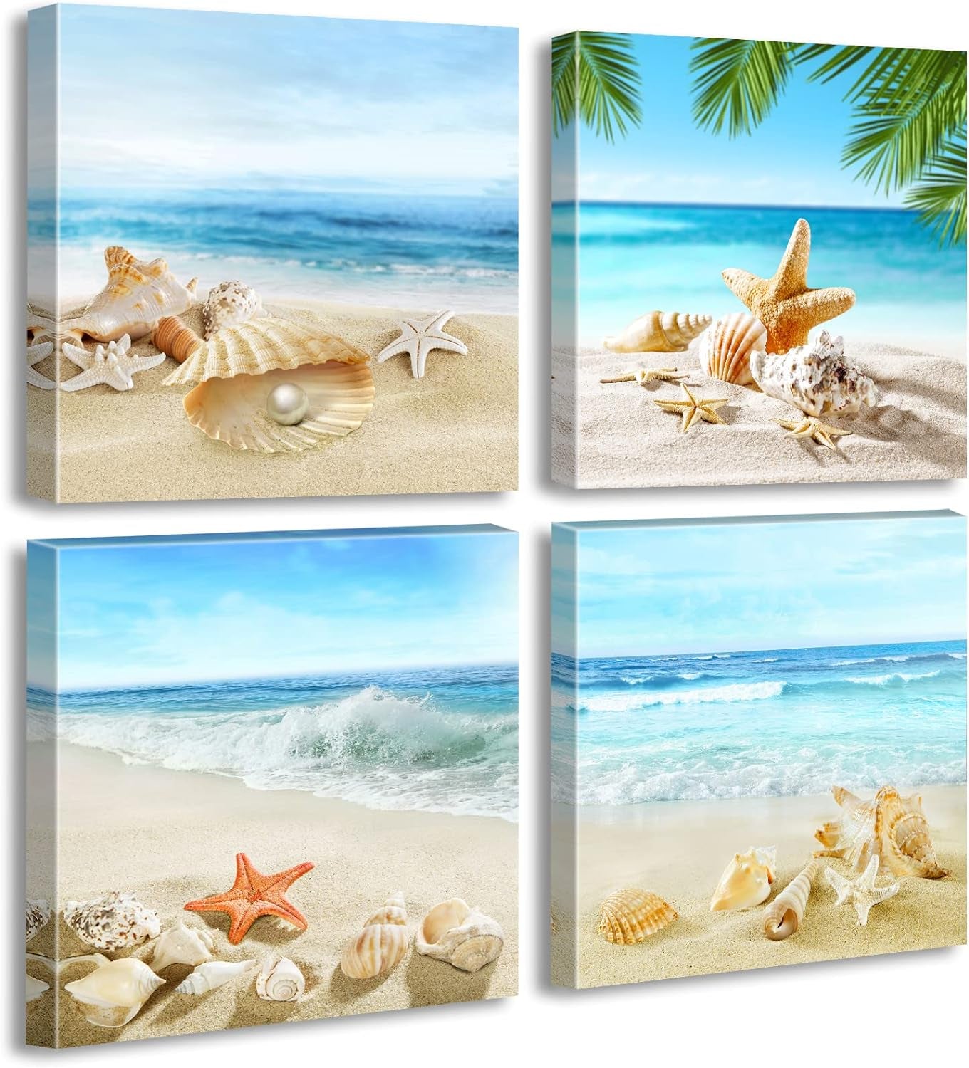 Beach Wall Art – Seashell & Starfish Ocean Canvas Prints for Bathroom or Bedroom