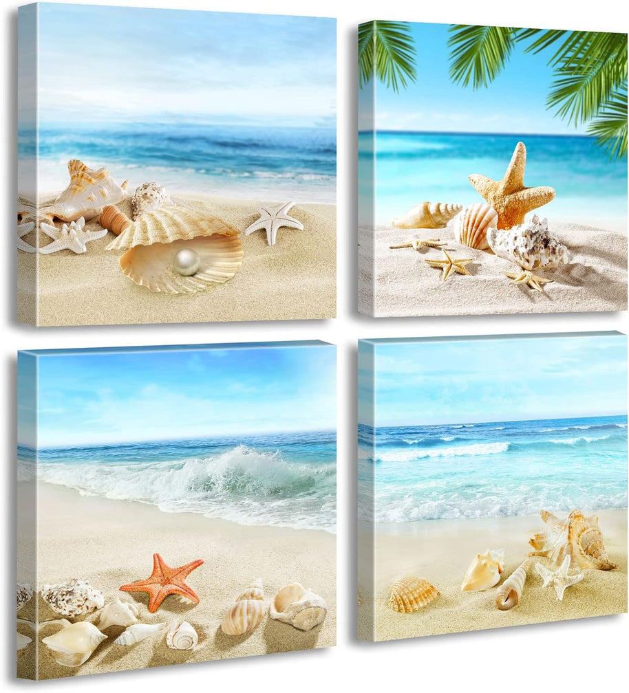 Beach Wall Art – Seashell & Starfish Ocean Canvas Prints for Bathroom or Bedroom
