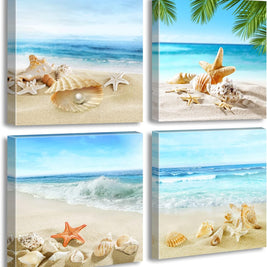 Beach Wall Art – Seashell & Starfish Ocean Canvas Prints for Bathroom or Bedroom