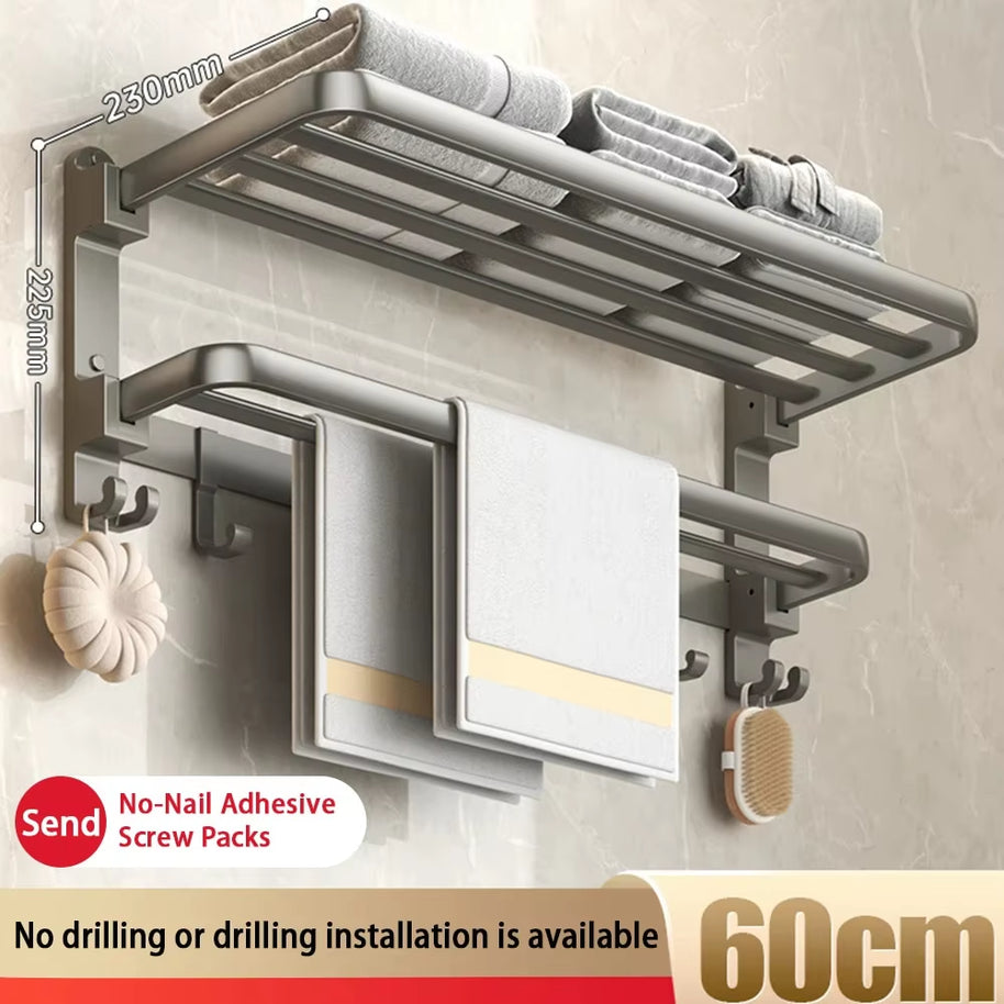24" Foldable Towel Rack with Shelf & Hooks