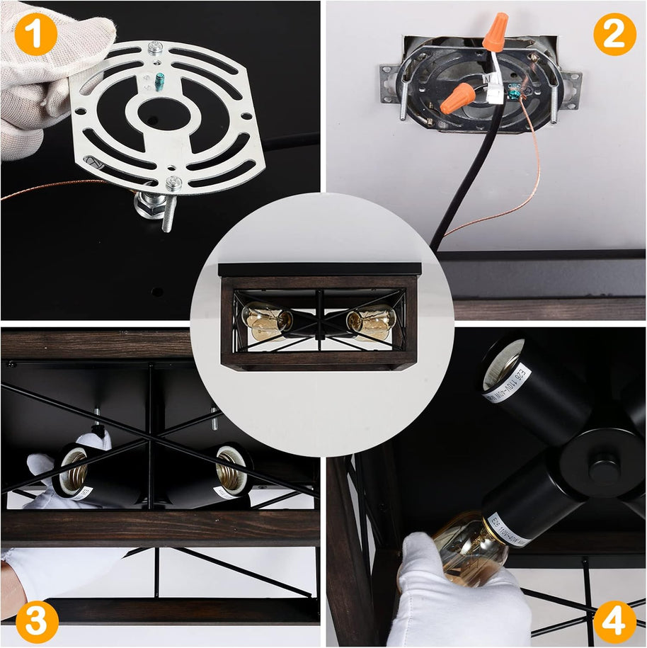 Rustic Wooden Flush Mount Ceiling Light – 4-Light Farmhouse Fixture for Home