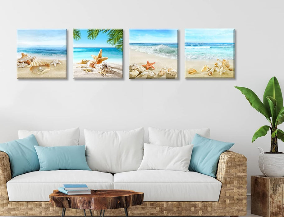 Beach Wall Art – Seashell & Starfish Ocean Canvas Prints for Bathroom or Bedroom