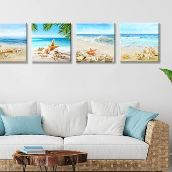 Beach Wall Art – Seashell & Starfish Ocean Canvas Prints for Bathroom or Bedroom
