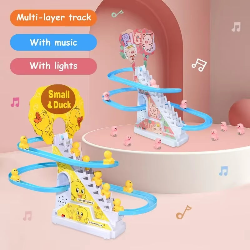 Electric Duck Race Track Toy – Climbing Roller Coaster Set with Lights & Music for Kids