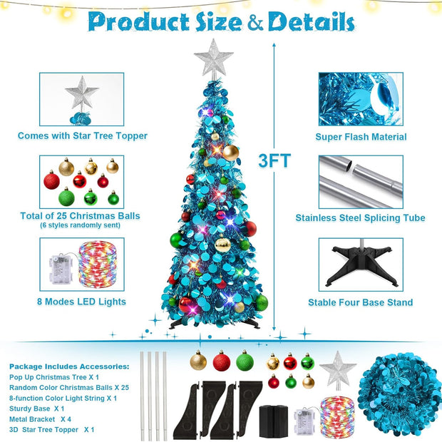 Pop up Christmas Tree with Lights & 25 Balls, 3Ft Collapsible Blue Tinsel Xmas Tree Decorations, Pencil Christmas Tree Skinny Tree for Holiday Xmas Home Office Decor, Blue