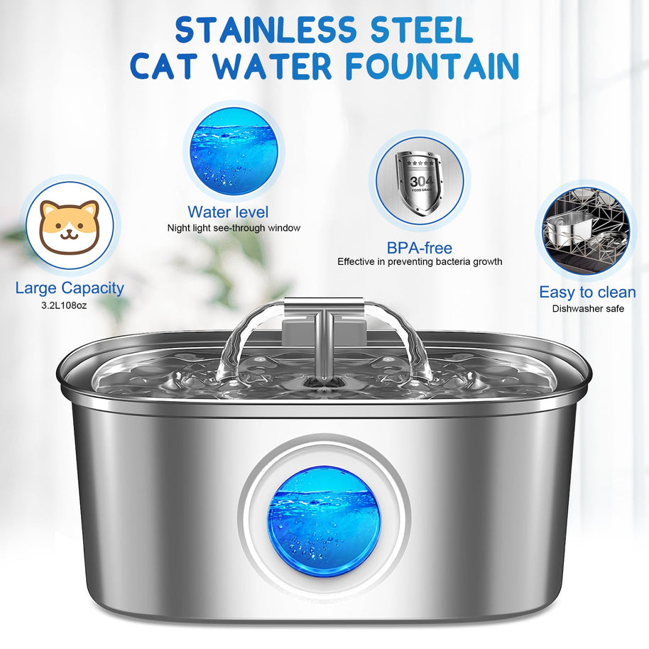Stainless Steel Cat Water Fountain – 3.2L Pet Drinking Dispenser with Filters