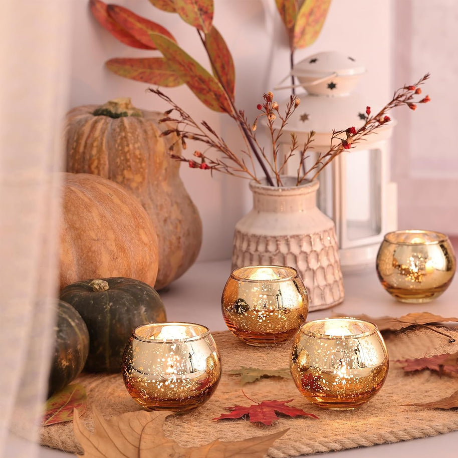 Round Gold Votive Candle Holders – Mercury Glass Set of 12 for Diwali & Home Decor