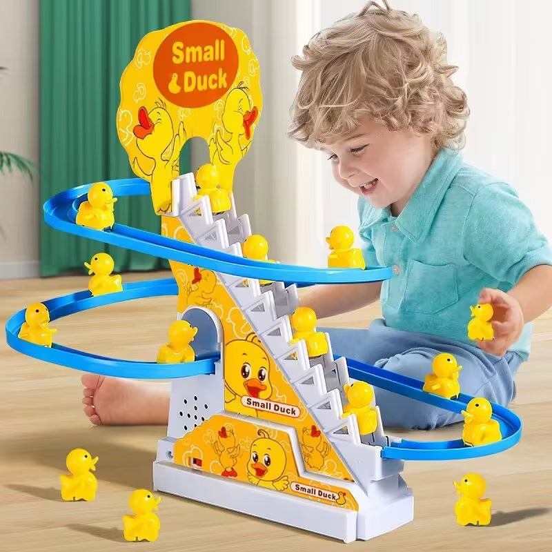 Electric Duck Race Track Toy – Climbing Roller Coaster Set with Lights & Music for Kids