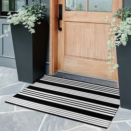 Fall Front Door Mat – Black & White Washable Handwoven Cotton Rug for Porch & Entryway