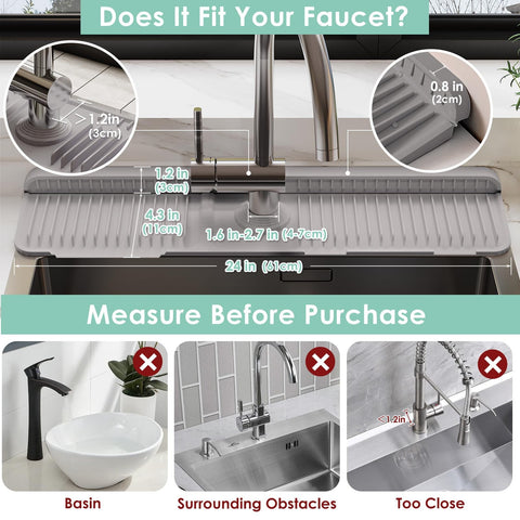 24 Inch Silicone Faucet Mat for Kitchen Sink Splash Guard - 6 Slope Water