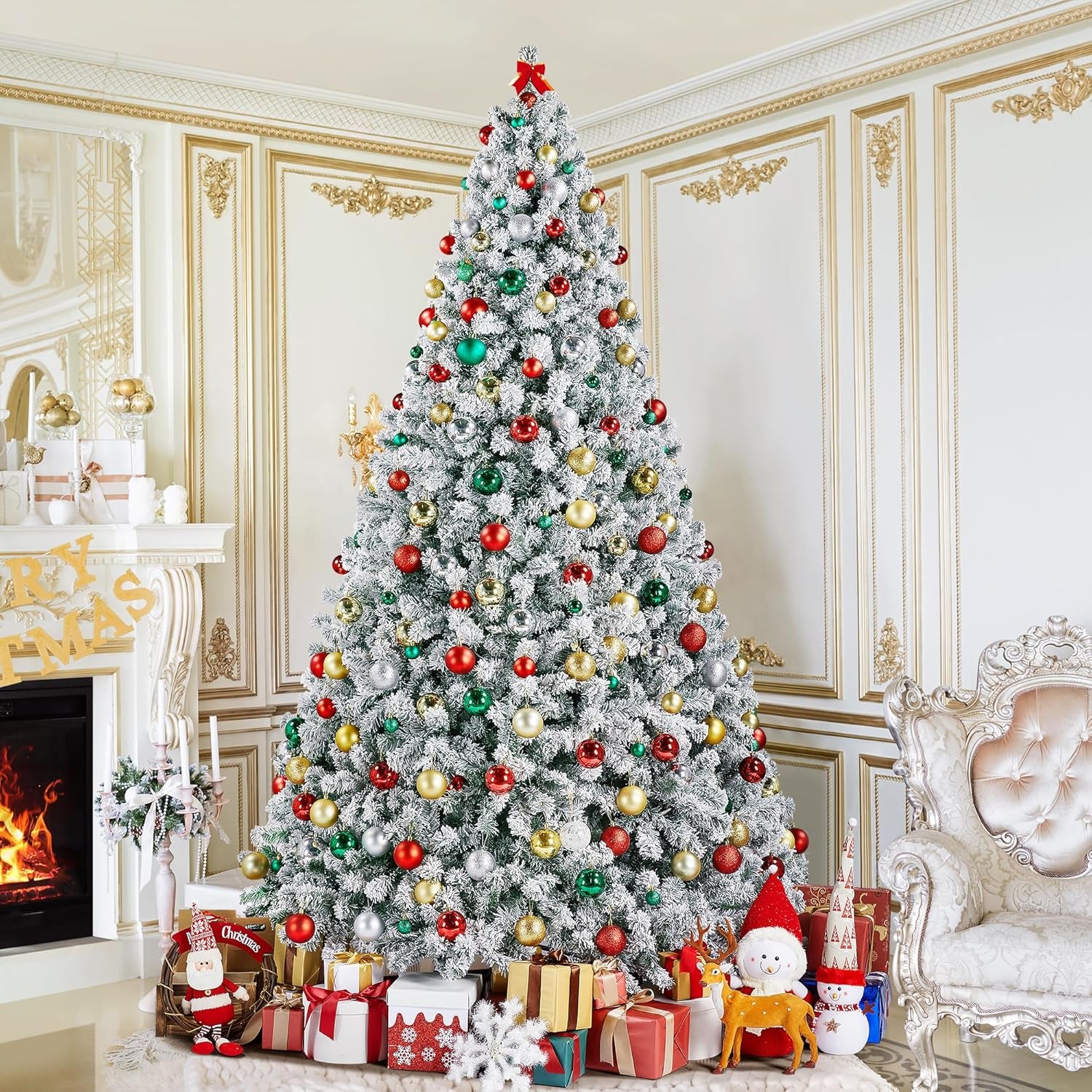9FT Snow Flocked Pre-Lit Artificial Christmas Tree, Full Holiday Xmas Tree with Foldable Metal Stand