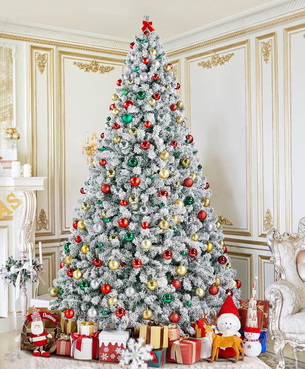 9FT Snow Flocked Pre-Lit Artificial Christmas Tree, Full Holiday Xmas Tree with Foldable Metal Stand