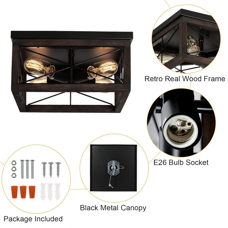 Rustic Wooden Flush Mount Ceiling Light – 4-Light Farmhouse Fixture for Home