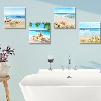 Beach Wall Art – Seashell & Starfish Ocean Canvas Prints for Bathroom or Bedroom