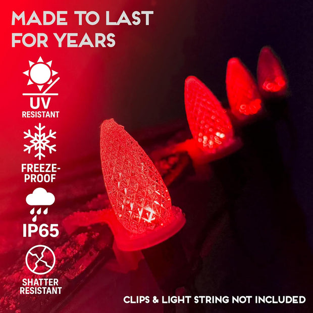 Set of 25 Red C9 Faceted LED Christmas Light Bulbs for Indoor & Outdoor Use | Durable Replacement Bulb