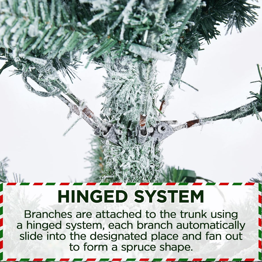 9FT Snow Flocked Pre-Lit Artificial Christmas Tree, Full Holiday Xmas Tree with Foldable Metal Stand