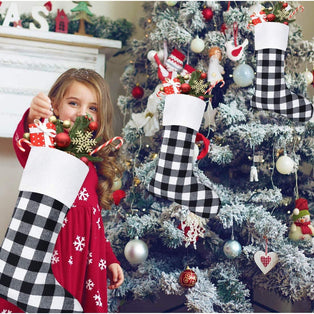 6 Pack Christmas Stockings- 18 Inch Black White Buffalo Plaid Christmas Stockings Fireplace Hanging Stockings for Family Xmas Holiday Season Party Decor