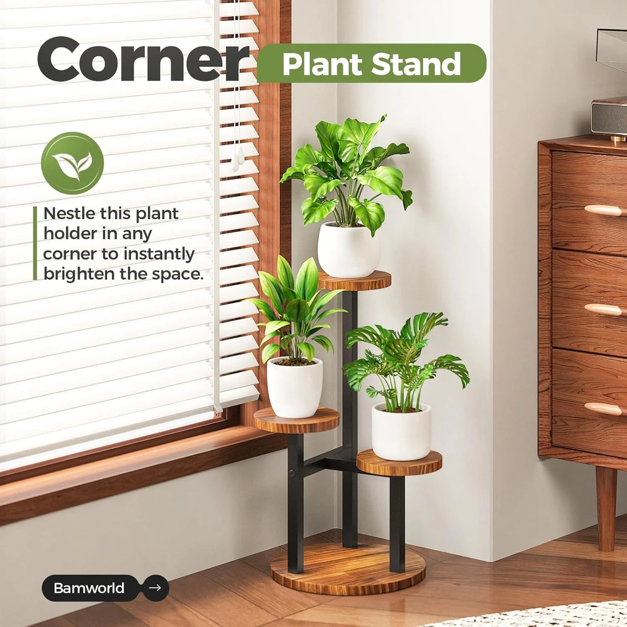 3 Tier Plant Stand, Tall Metal Wood Shelf Holder for Indoor, Outdoor Display Rack Flower Pot Stand for Corner Living Room Balcony Garden Patio